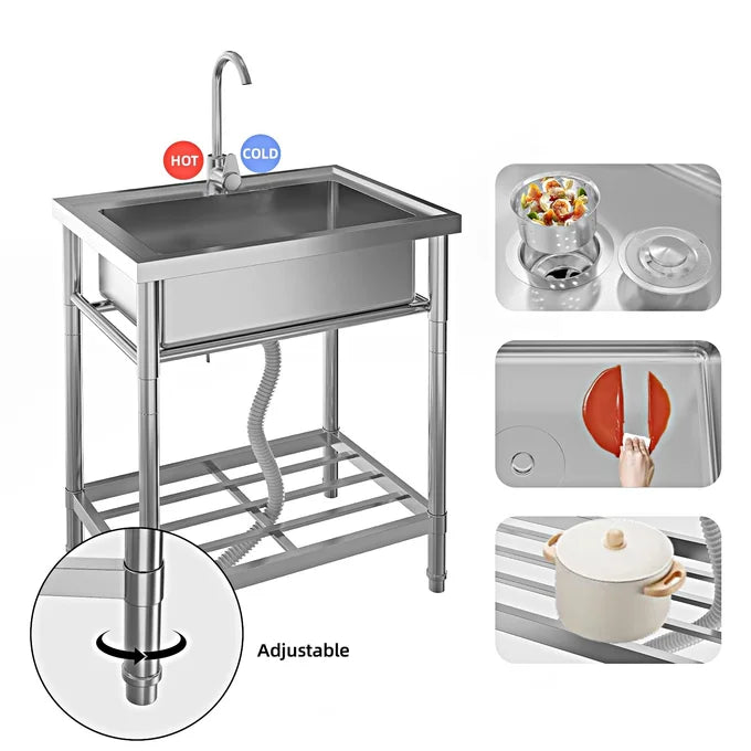 Garvee Free Standing Utility Sink Single Bowl Stainless Steel Commercial Kitchen Catering Basin Tap Hose 71.12 x 50.8 x 86.36 cm