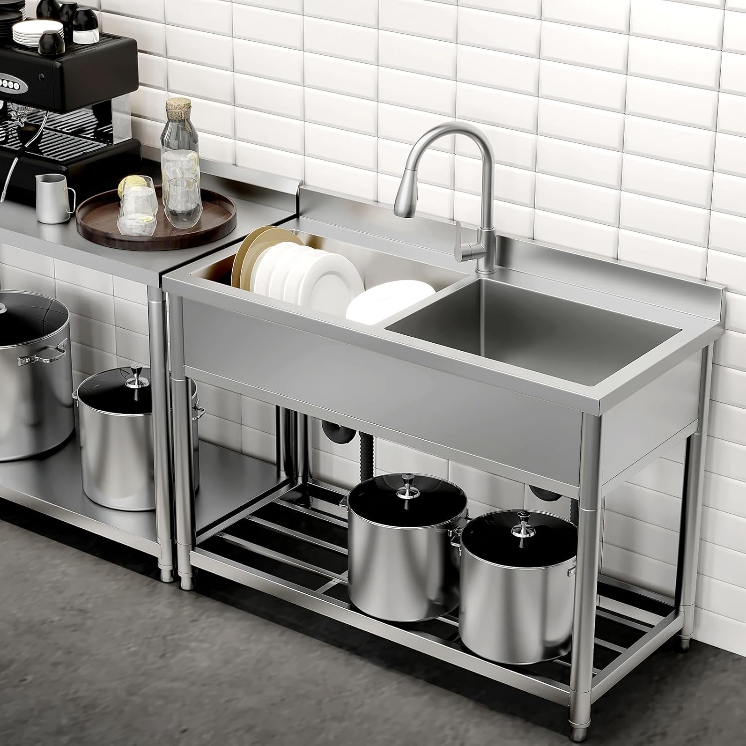 GARVEE Stainless Steel Single Basin Utility Sink, Freestanding Commercial Prep Sink with Tap & Shelf for Garden, Garage & Catering