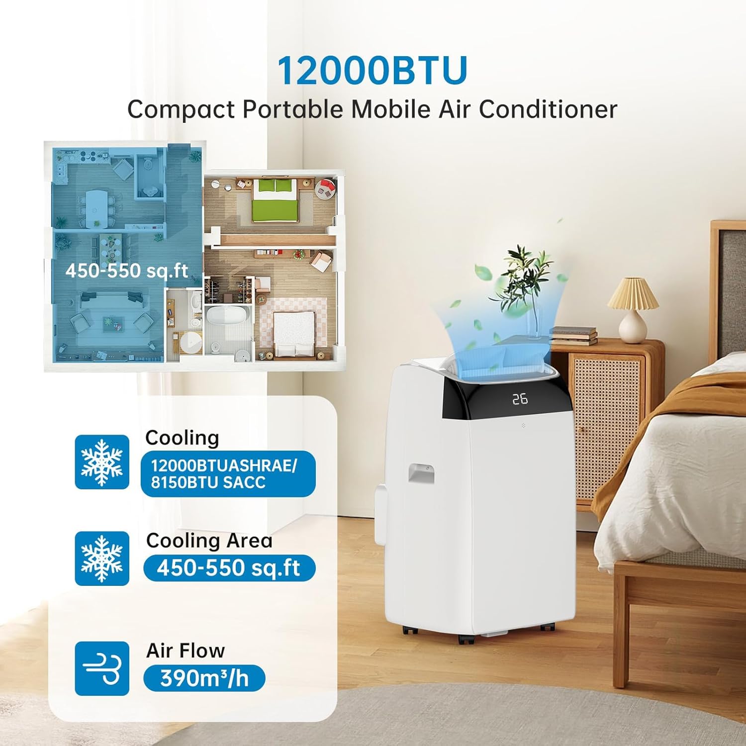 Garvee 12000 BTU Portable Air Conditioner 3-in-1 Cooling Dehumidifier and Fan Unit 45.3x39.7x86 cm White