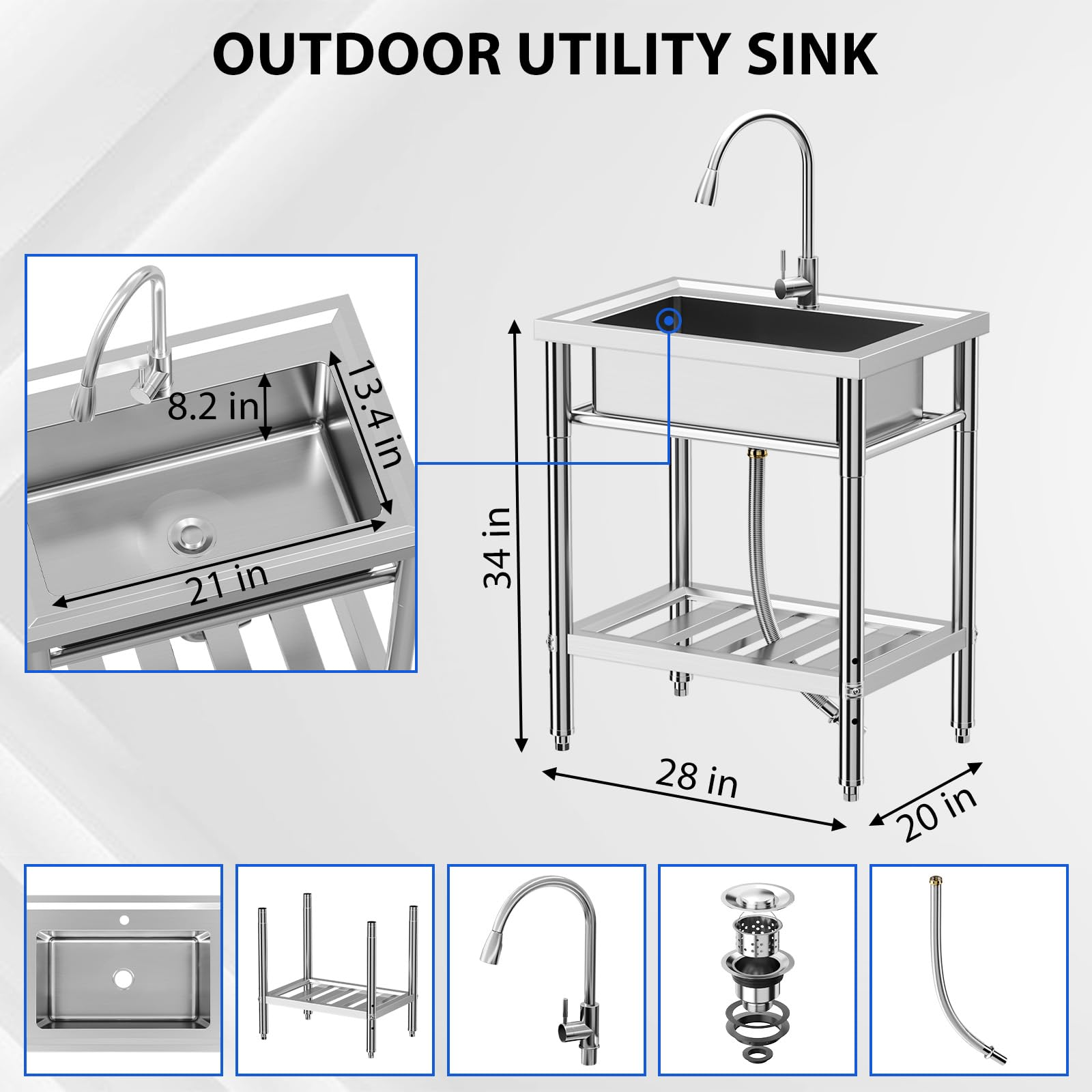 Garvee Silver Stainless Steel Freestanding Single Bowl Utility Sink 71 x 51 x 86 cm Commercial Catering Kitchen Basin with 360 Degree Swivel Tap and Adjustable Legs