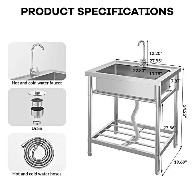 Garvee Free Standing Utility Sink Single Bowl Stainless Steel Commercial Kitchen Catering Basin Tap Hose 71.12 x 50.8 x 86.36 cm