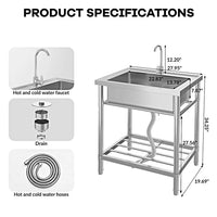 Garvee Free Standing Utility Sink Single Bowl Stainless Steel Commercial Kitchen Catering Basin Tap Hose 71.12 x 50.8 x 86.36 cm