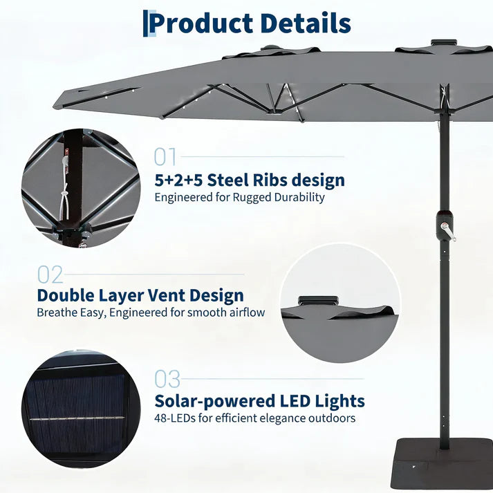 Garvee Grey Premium 450cm Oversized Patio Umbrella with Heavy Duty Base Large Garden Sun Shading Parasol Windproof Crank Market Umbrella for Outdoor Deck Pool