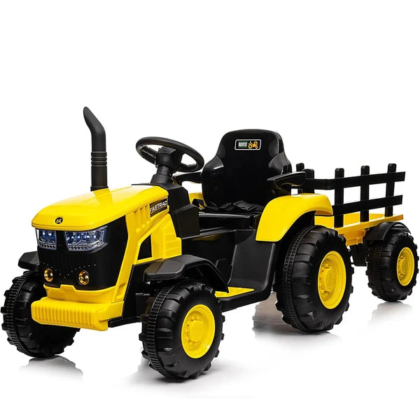Garvee 12V Kids Ride On Electric Tractor Toy Car 2x35W Motor Battery Powered Utility Ride-On Vehicle with Trailer 159x65x55 cm Yellow