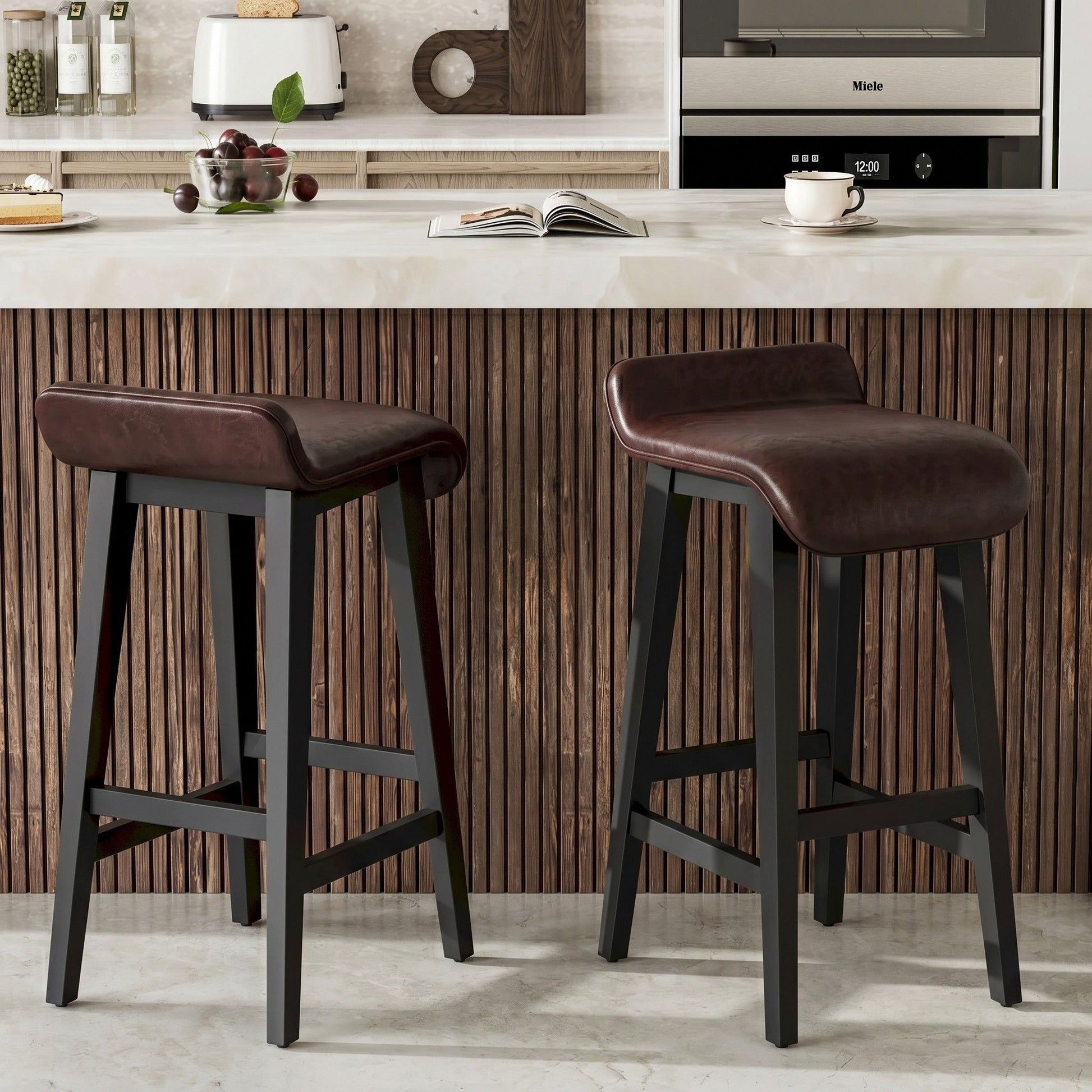 Garvee 66cm(26.2") Counter Height Bar Stools Set of 4 with Upholstered Low Back and Footrest, Wood Legs, Modern Kitchen and Dining Room, Dark Brown