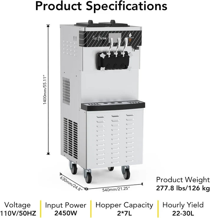 Garvee Commercial Soft Serve Ice Cream Machine Silver 3 Flavours 54 x 71 x 140 cm Pre Cooling Air Puffing 2450W