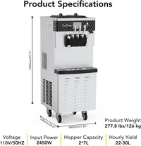 Garvee Commercial Soft Serve Ice Cream Machine Silver 3 Flavours 54 x 71 x 140 cm Pre Cooling Air Puffing 2450W