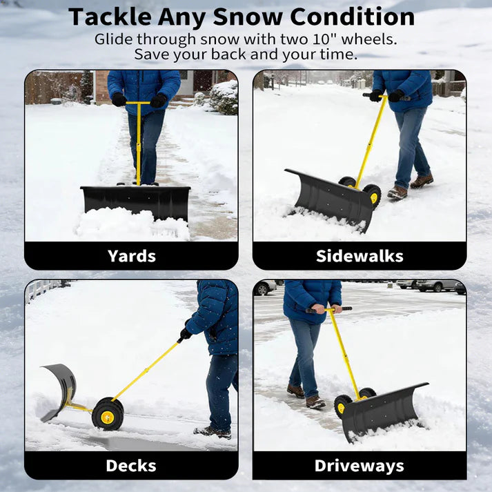 Garvee 29 Inch Bi-Directional Snow Pusher with Wheels Angled Blade Rolling Snow Plough with Adjustable Handle for Driveway and Garden Path