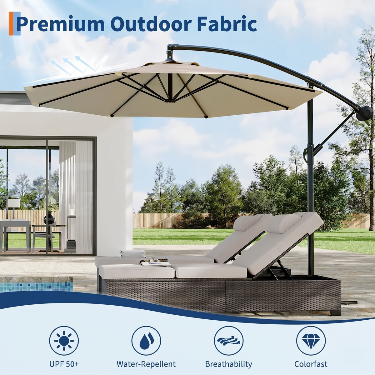 Garvee Diameter 300 cm Khaki Aluminium 360 Degree Rotating Cantilever Parasol with Crank Adjustable Tilt Cross Base and UV50 Protection for Garden Patio