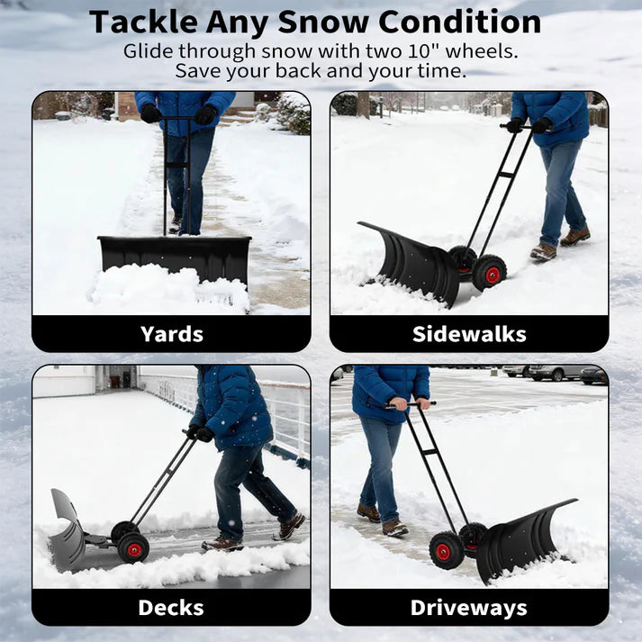 Garvee 36 Inch Snow Pusher with Wheels Heavy Duty Rolling Snow Shovel Adjustable Metal Blade for Driveway and Pavement