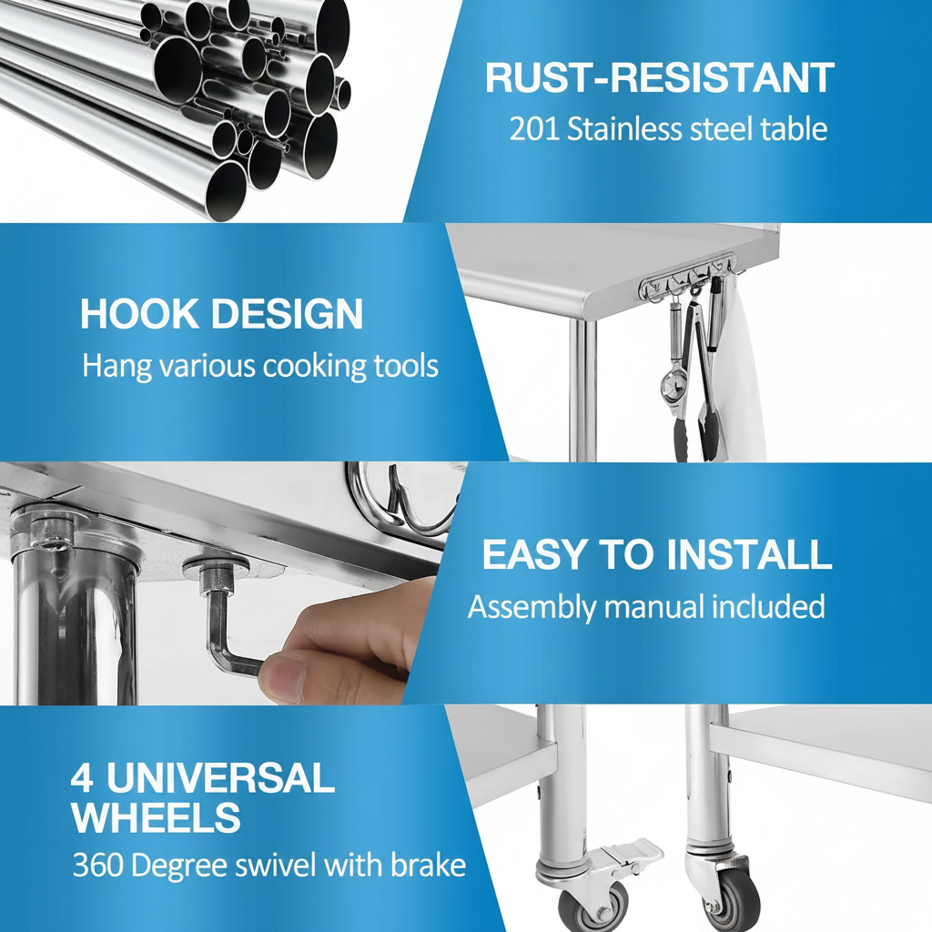 Garvee 91×61×89 cm Stainless Steel Kitchen Prep Table Silver Arc Edge with hook Wheels Backsplash