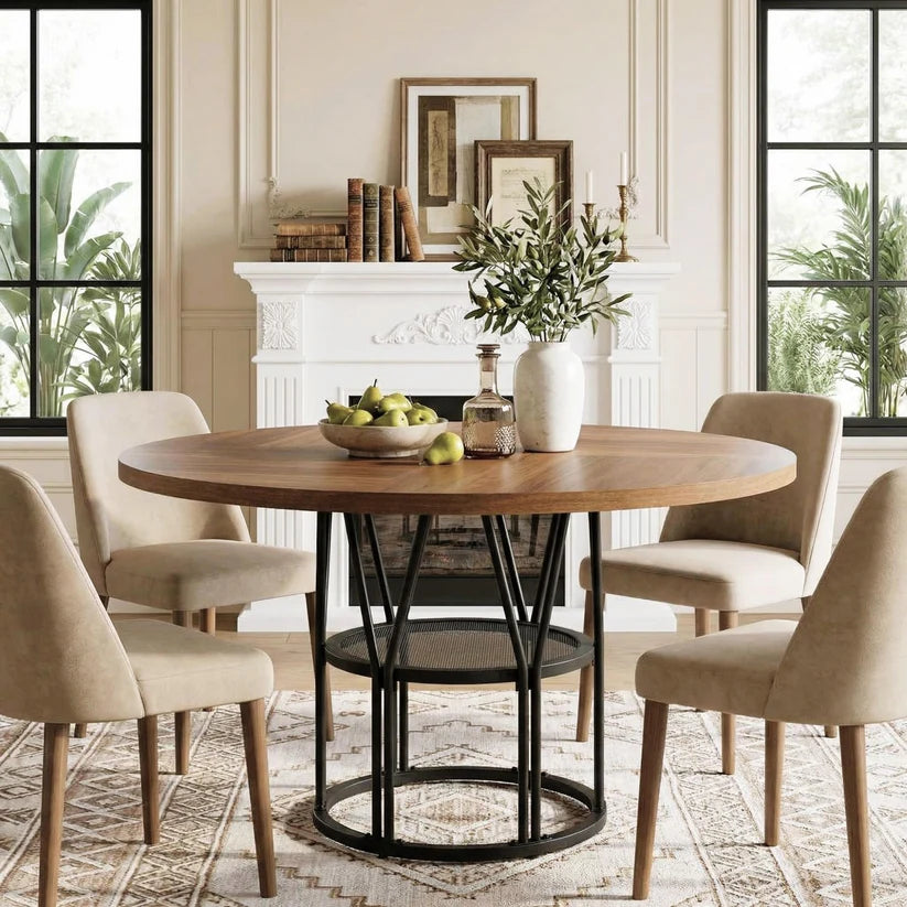 Garvee Space Saving 120 cm Round Wooden Dining Table Modern Kitchen Dinner Table Freestanding Small Space Wooden Furniture Table Only Brown