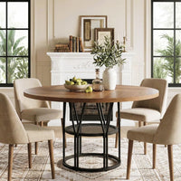 Garvee Space Saving 120 cm Round Wooden Dining Table Modern Kitchen Dinner Table Freestanding Small Space Wooden Furniture Table Only Brown