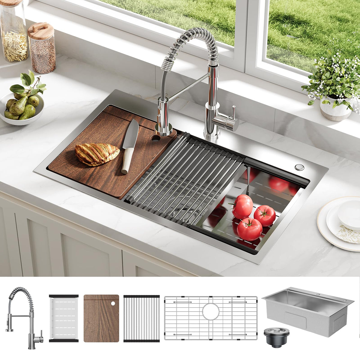 Évier de cuisine inox encastrable Garvee avec accessoires