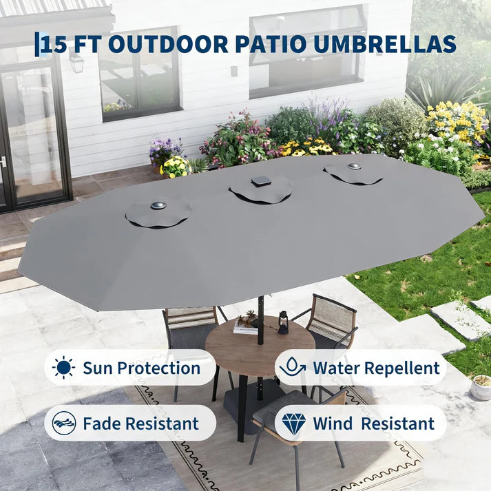 Garvee Grey Premium 450cm Oversized Patio Umbrella with Heavy Duty Base Large Garden Sun Shading Parasol Windproof Crank Market Umbrella for Outdoor Deck Pool