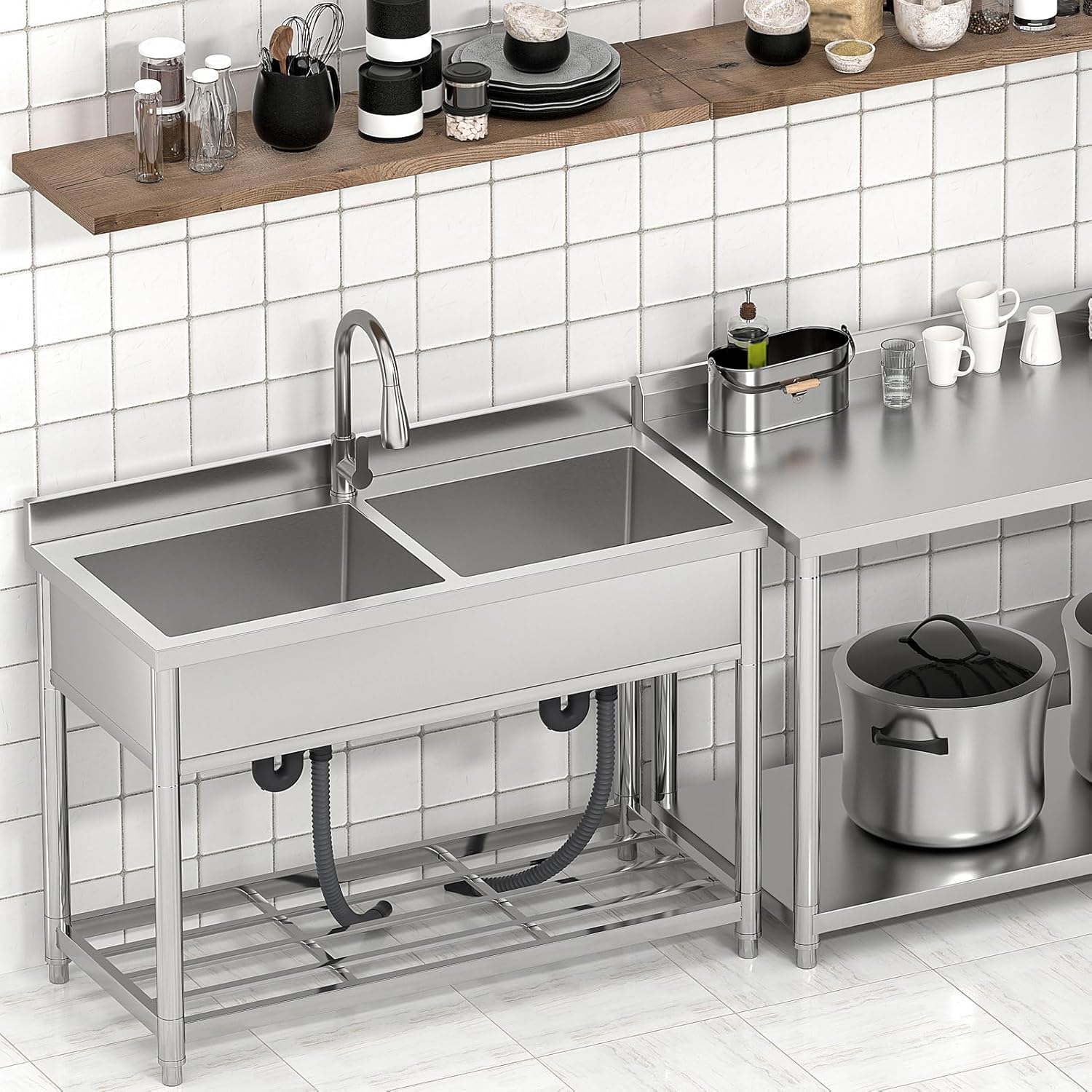 GARVEE Stainless Steel Single Basin Utility Sink, Freestanding Commercial Prep Sink with Tap & Shelf for Garden, Garage & Catering