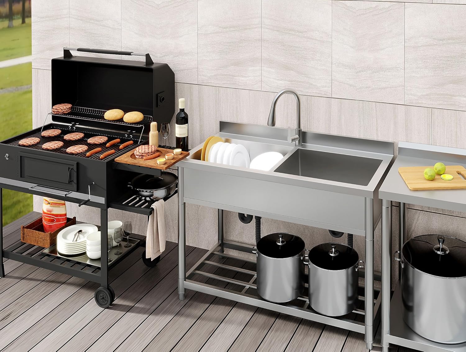 GARVEE Stainless Steel Single Basin Utility Sink, Freestanding Commercial Prep Sink with Tap & Shelf for Garden, Garage & Catering