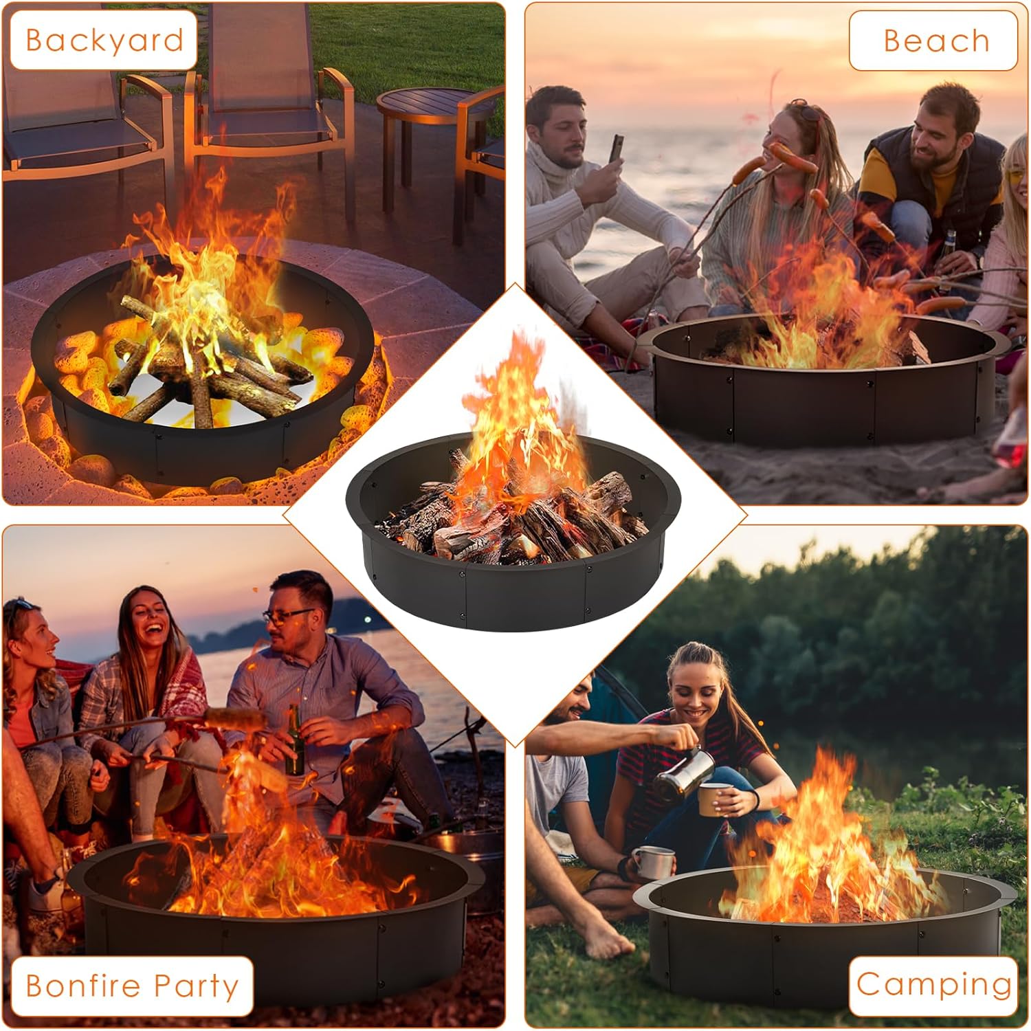 Garvee 48-Inch Smokeless Fire Pit Ring, Easy Install Iron Panels, Rust-Proof Painted Steel, Freestanding or In-Ground Use, Outdoor Camping