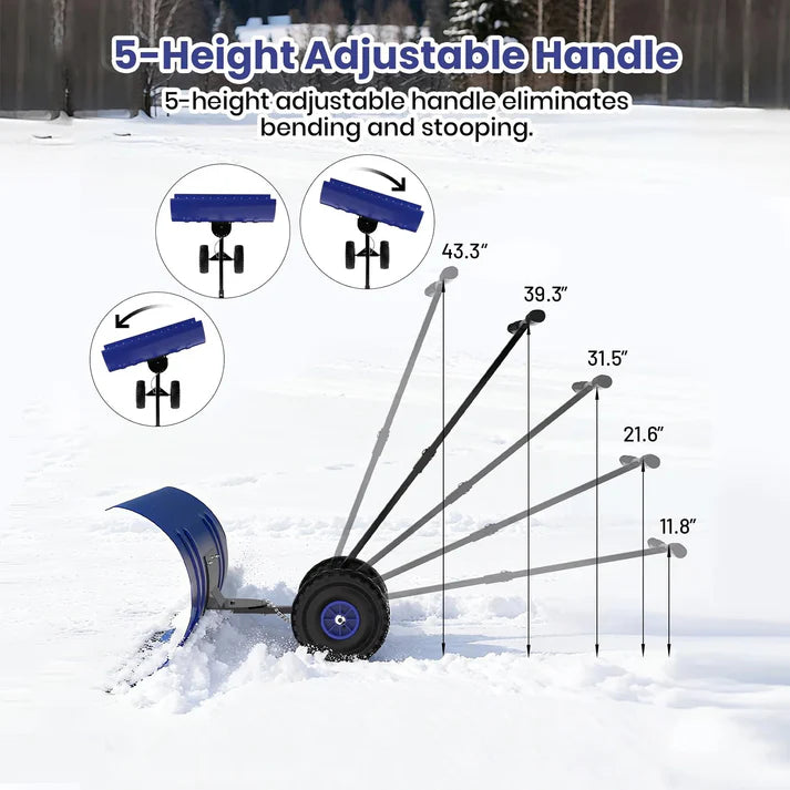 Garvee 29 Inch Snow Pusher with Wheels Rolling Snow Shovel Heavy Duty Steel Blade Adjustable Handle for Garden Paths and Driveways Black