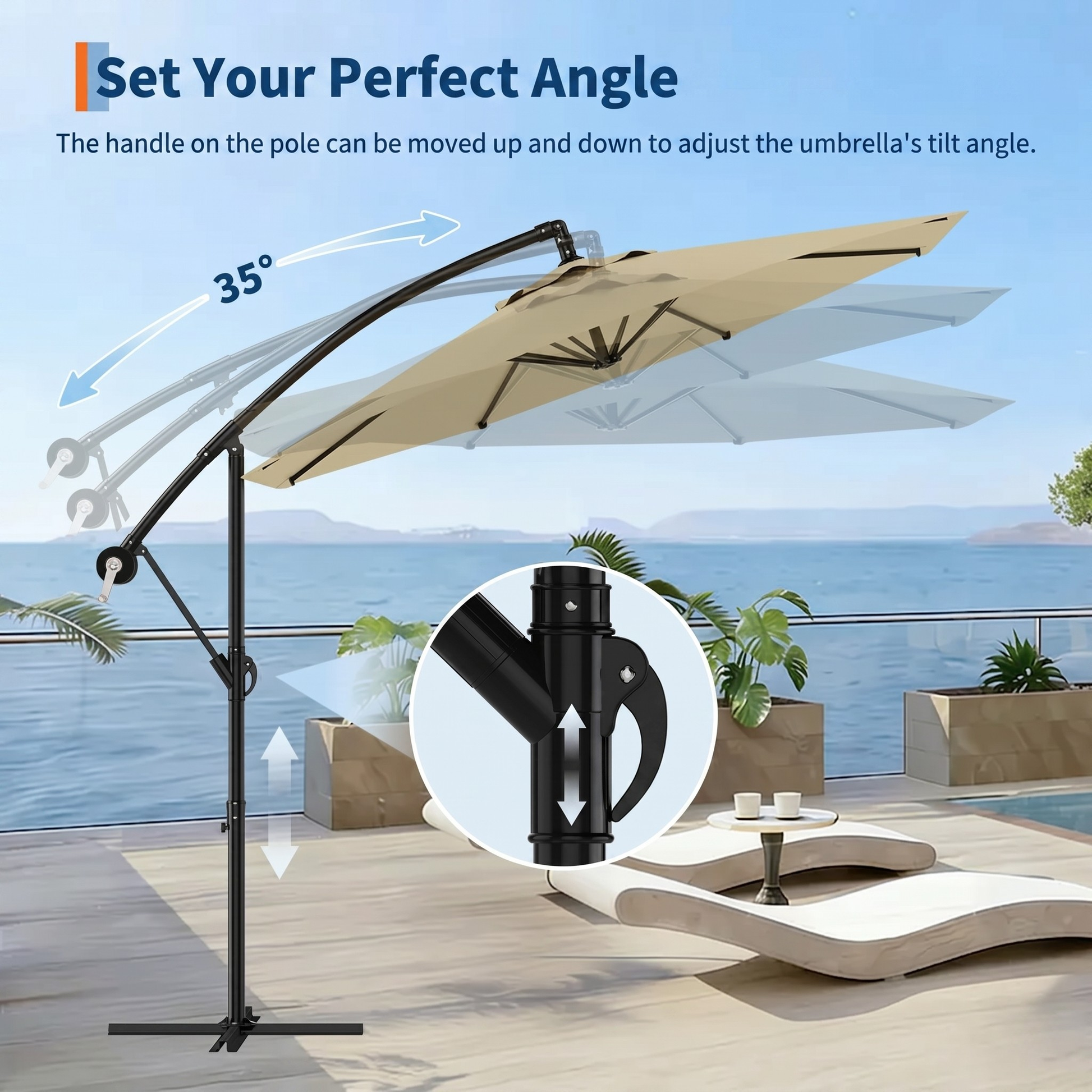 Garvee Diameter 300 cm Khaki Aluminium 360 Degree Rotating Cantilever Parasol with Crank Adjustable Tilt Cross Base and UV50 Protection for Garden Patio