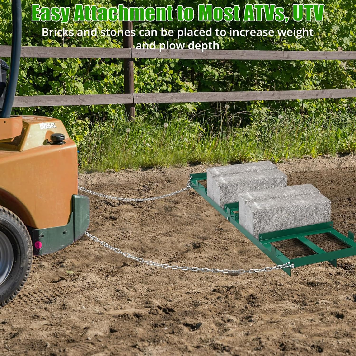 Garvee Drag Harrow Driveway Grader 183cm Heavy Duty Chain Tow-Behind Lawn Rake for ATV, UTV, Tractor, Mower – Green