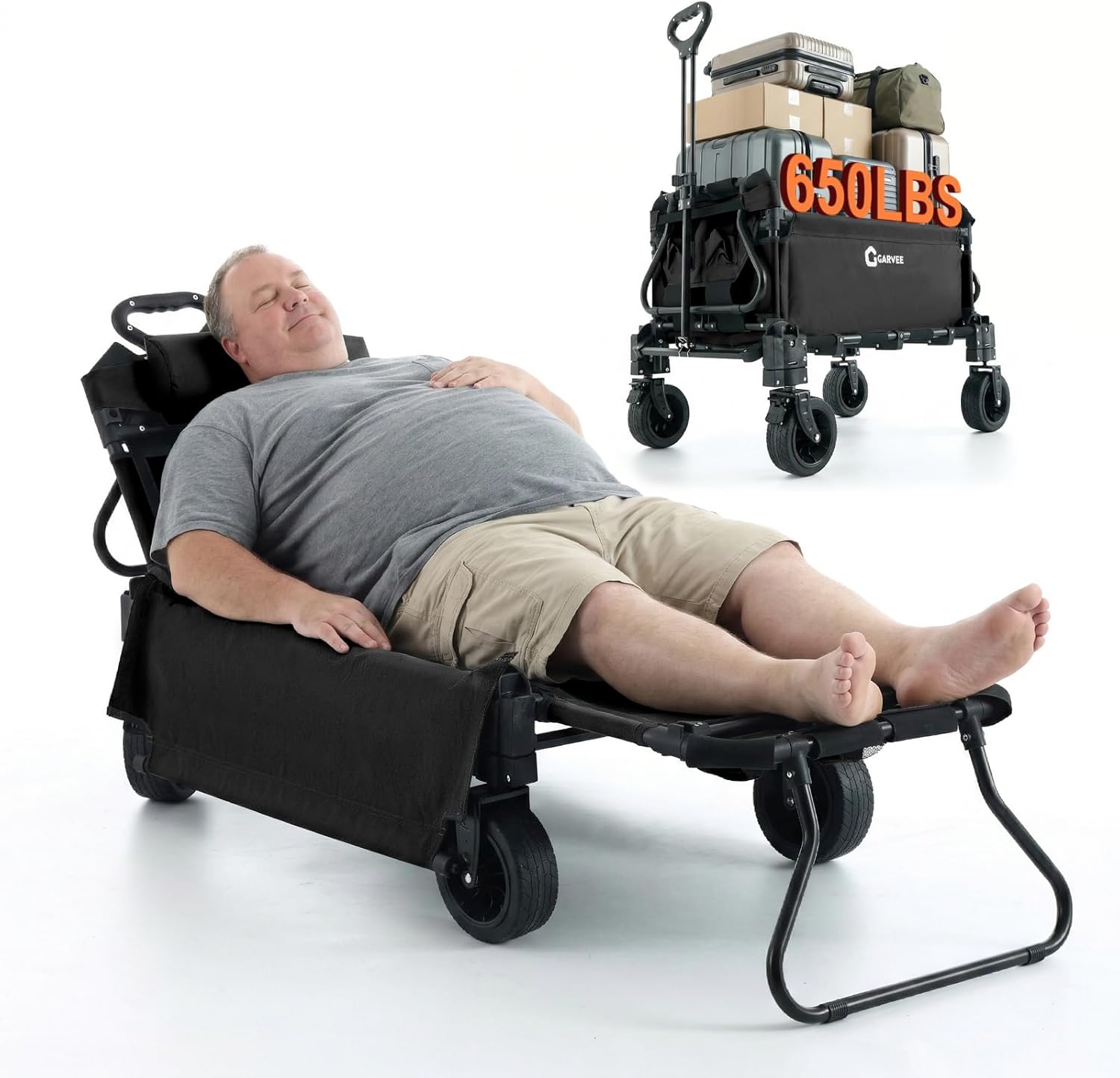 Garvee Black 2 in 1 Foldable Festival Trolley Camping Wagon 295 kg  Capacity Converts to Bench Seat and Lounge Chair with Adjustable Handle All Terrain Wheels and Carbon Steel Frame