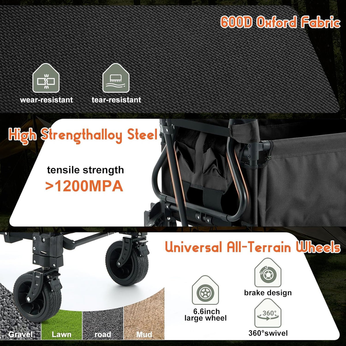 Garvee Black 2 in 1 Foldable Festival Trolley Camping Wagon 295 kg  Capacity Converts to Bench Seat and Lounge Chair with Adjustable Handle All Terrain Wheels and Carbon Steel Frame