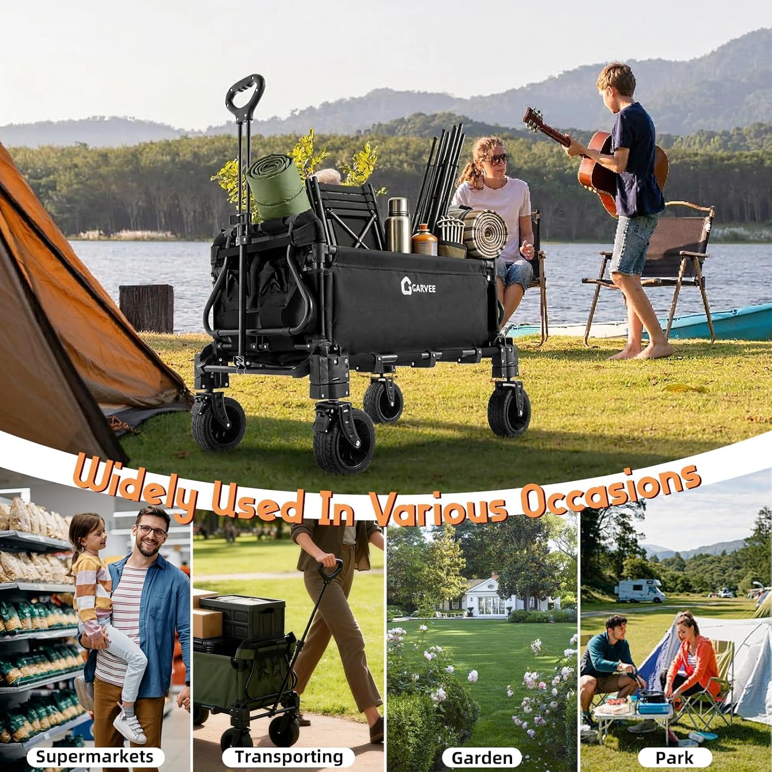 Garvee Black 2 in 1 Foldable Festival Trolley Camping Wagon 295 kg  Capacity Converts to Bench Seat and Lounge Chair with Adjustable Handle All Terrain Wheels and Carbon Steel Frame