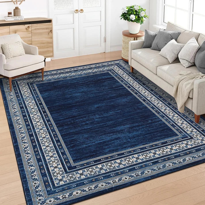 Garvee 160 × 230 cm Navy Blue Washable Bordered Area Rug, Non Slip Low Pile Non Shedding Rug, Modern Distressed Geometric Rug for Living Room Dining Room Bedroom