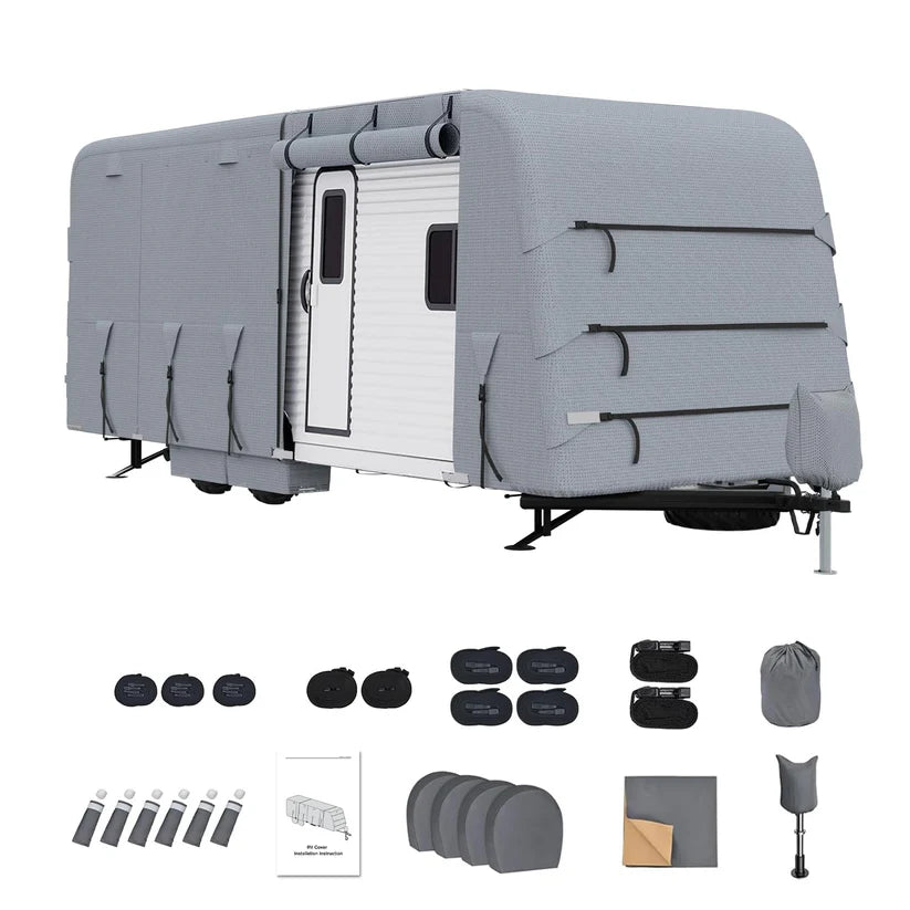 Garvee Heavy-Duty 4-Layer Caravan Cover(33-35ft) – Waterproof & Rip-Stop Breathable Winter Cover – Includes Hitch Cover & Gutter Protectors – Grey