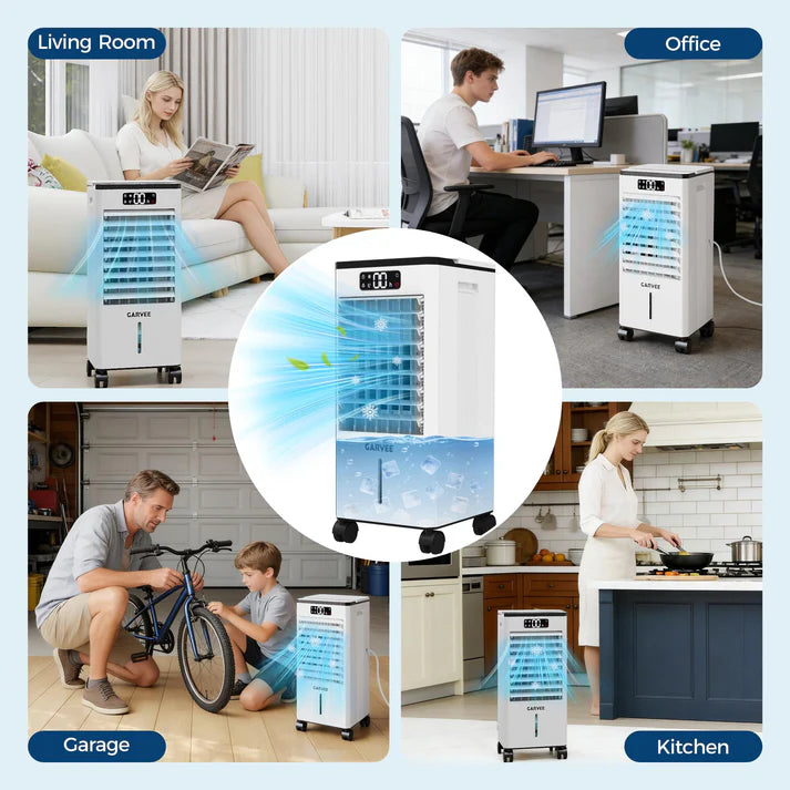 Garvee Evaporative Cooler, 7L (1.54Gal) Portable Air Conditioner Fan with TOUCH SCREEN & Remote Control, 3 Speeds & LED Display, Casters Included, 65W, UK Plug for Bedroom, Office, Home