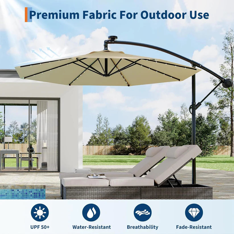 Garvee 300 cm Cantilever Garden Parasol with Base 40 Solar LED Lights UPF 50 Plus UV Protection Waterproof Canopy 8 Wind Resistant Ribs Crank Handle and Tilt Function for Patio Decking and Pool,Off White