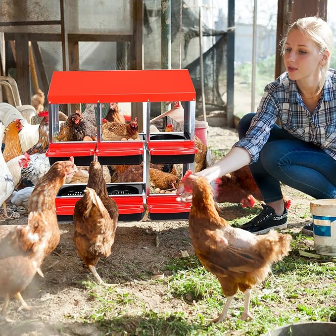 Garvee 6-Compartment Roll-Away Nesting Box for Hens – Galvanized Metal Poultry Nest with Easy-Clean Plastic Trays & Protective Lid Cover