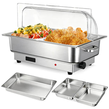 Garvee Electric Chafing Dish Buffet Server Set 9QT Capacity 600W with Roll Top Transparent Lid Adjustable Temperature Control 86 F to 200 F One Full Size and Two Half Size Food Pans for Commercial Catering,Parties and Events