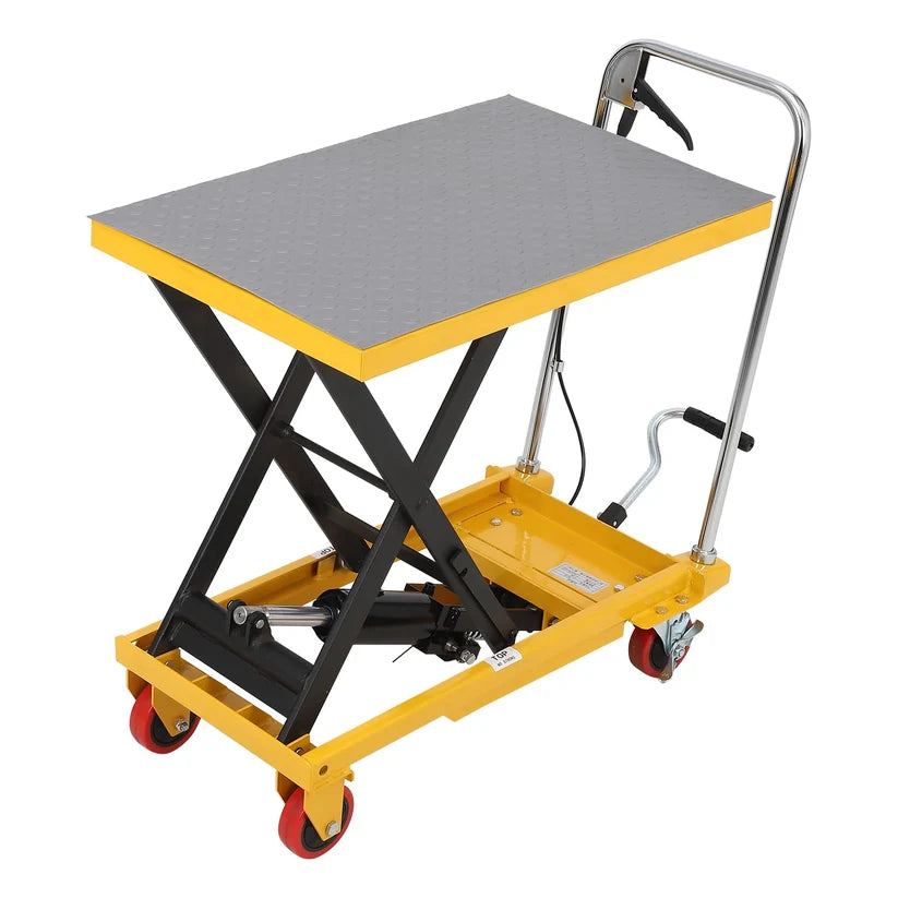 GARVEE 150kg Hydraulic Lift Table Cart Heavy Duty Single Scissor Lift Trolley 72cm Height Industrial Material Handling with Locking Wheels & Non-Slip Pad Yellow