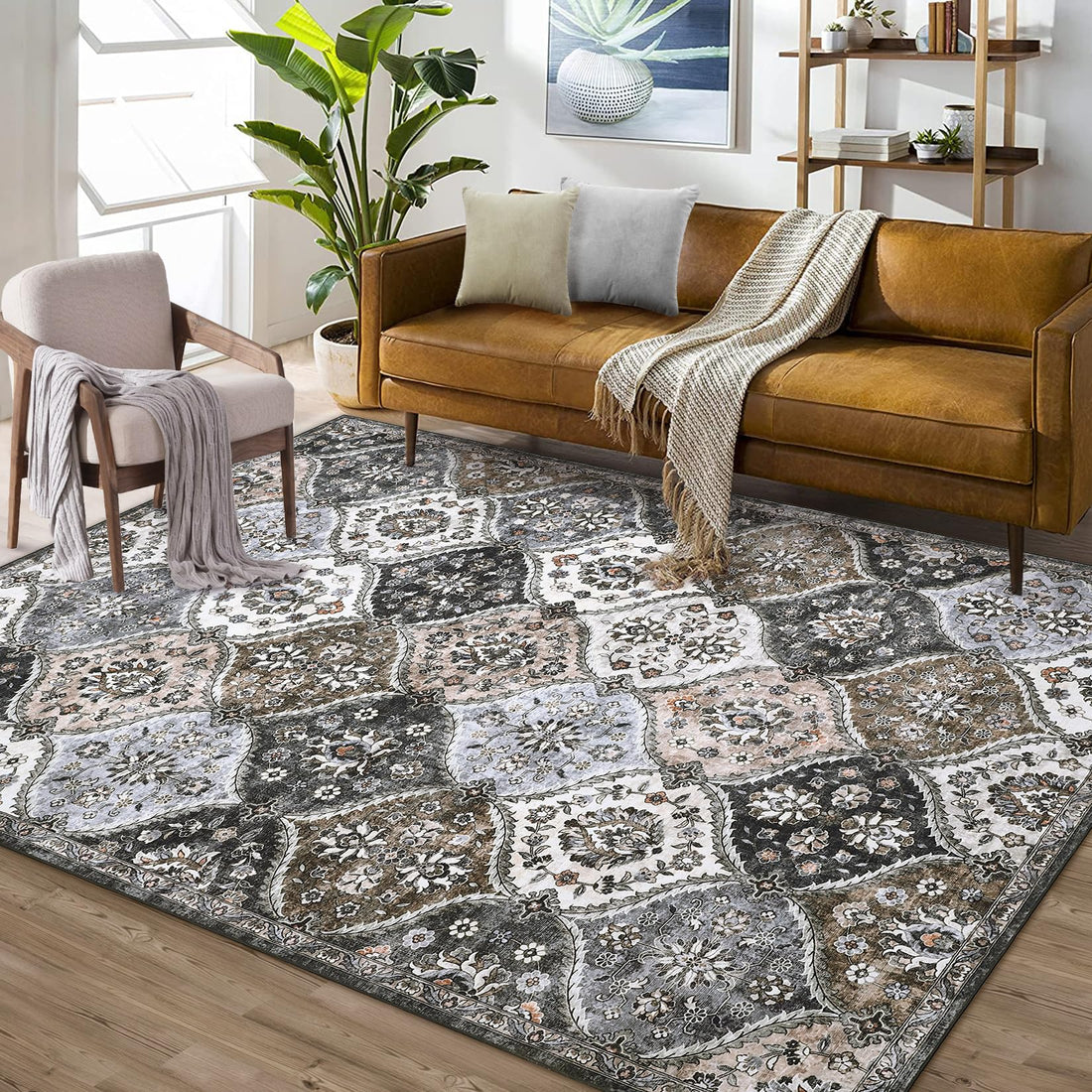 GARVEE 120x170 cm Washable Area Rug Non-Slip Faux Wool Soft Vintage Floral Carpet Pet Friendly Low Pile Mat for Living Room Bedroom Grey Brown