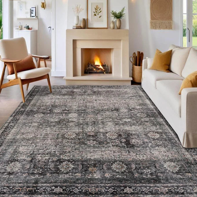 Garvee 200x290 cm Oriental Washable Area Rug Vintage Oriental Floral, Low Pile Soft Pearl Velvet, Non-Slip TPR Backing, Stain-Resistant Polyester, Foldable for Living Room Bedroom Green Camel