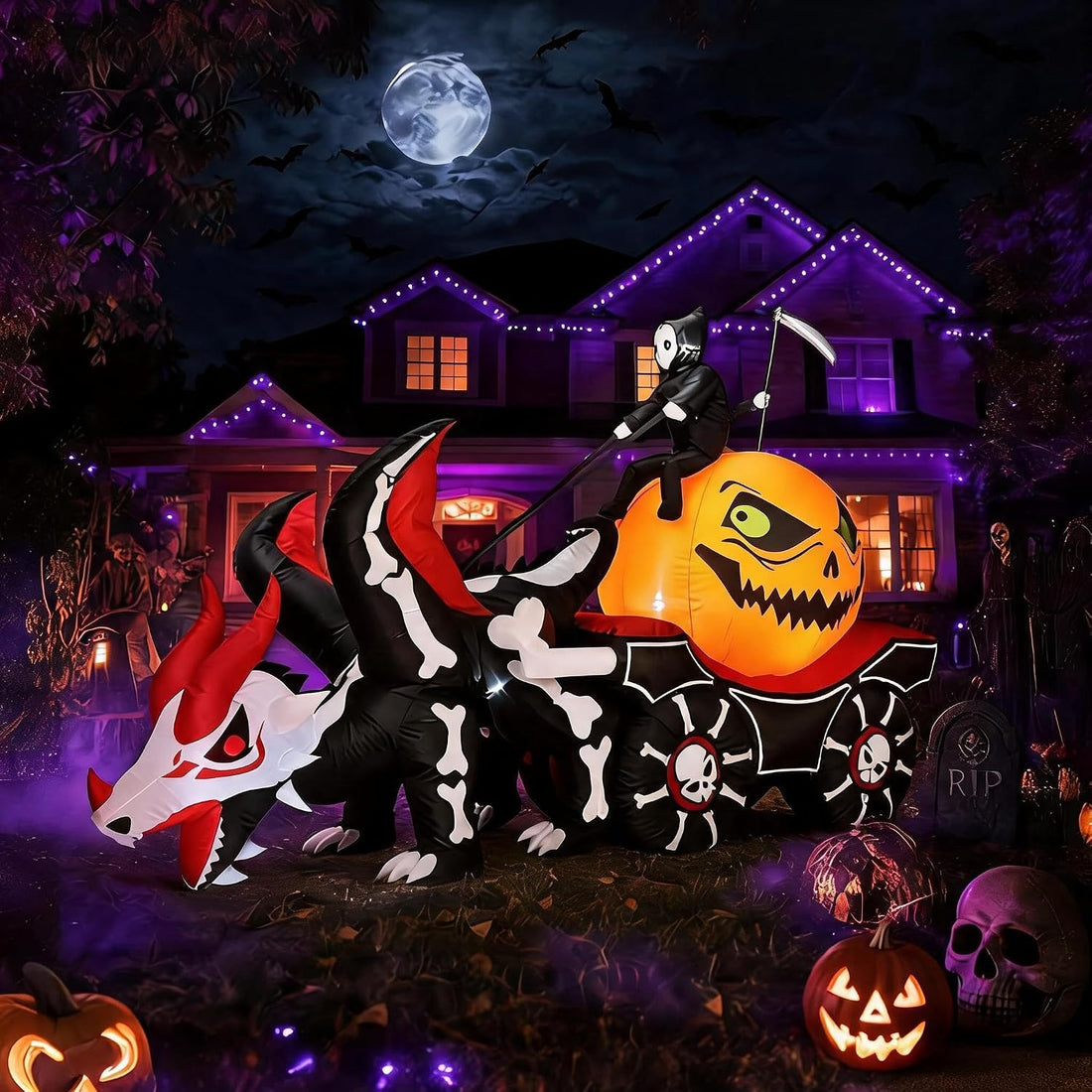 GARVEE 270cm (8.9ft) Weatherproof Halloween Inflatable Grim Reaper Pumpkin Carriage Fast Setup Ground Pegs Outdoor Garden Decor