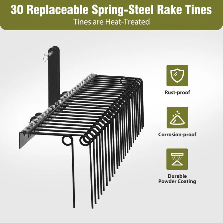 Garvee Black Heavy Duty Towed Landscape Rake 183 cm with 30 Coil Spring Tines 3 Point Linkage for Category 0 and Category 1 Tractors Powder Coated Steel Tow Behind Lawn Rake for Leaves and Grass