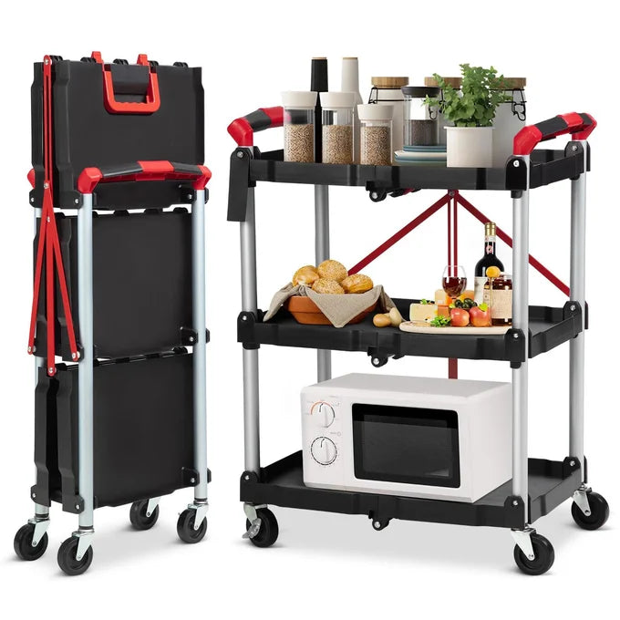 GARVEE 3 Tier Folding Utility Trolley Collapsible Rolling Service Cart with Heavy Duty Castors Multi-Purpose for Kitchen Office Garage Tools