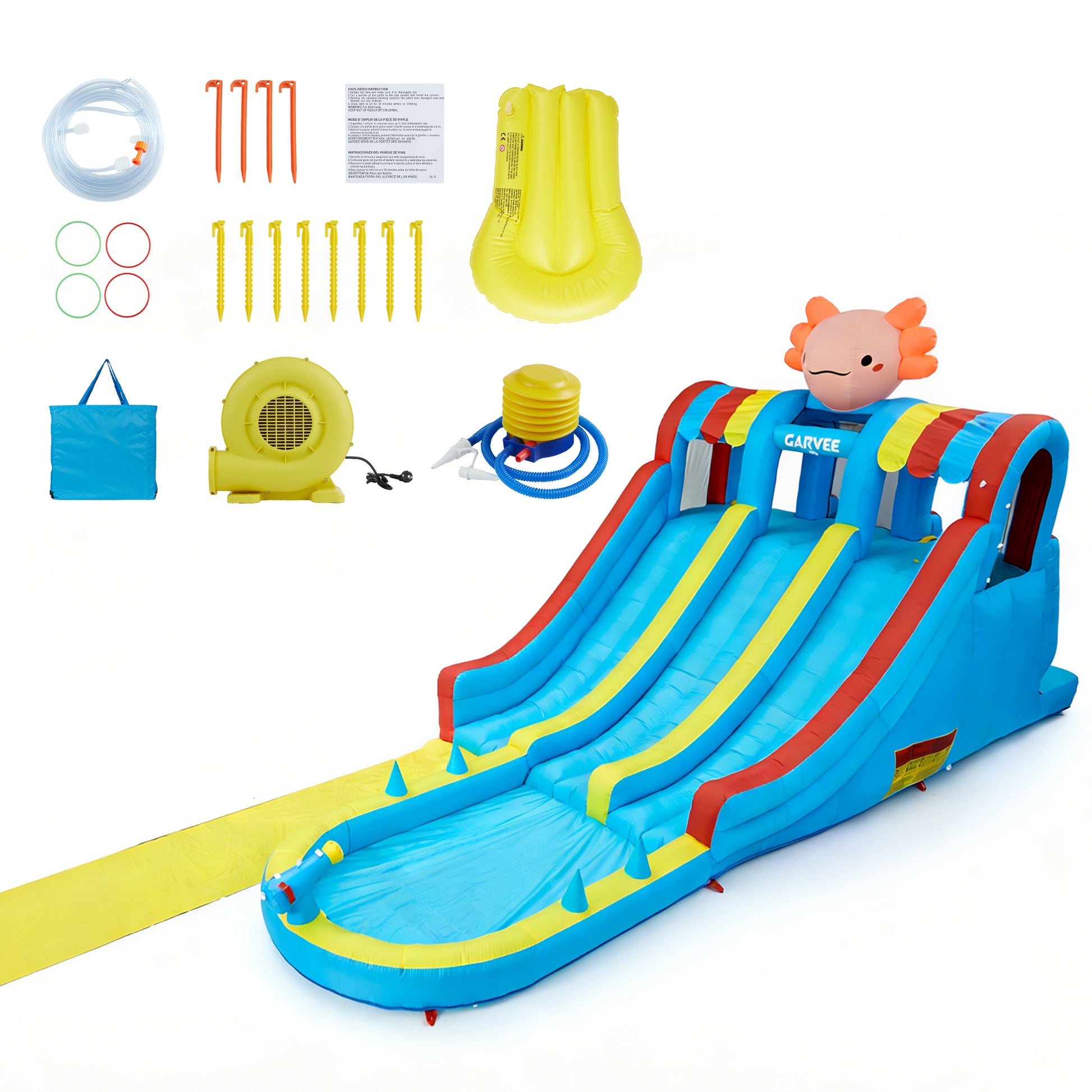 Garvee 8-in-1 Inflatable Water Park for Kids – Hexagonal Dragon-Themed Pool, Double Slides, Climbing Wall, Bounce House, Basketball Hoop, Water Guns, Durable Oxford, 550W Blower – 26002 Inflatable Water Park Hexagonal Dragon Theme - British Standard