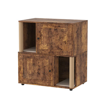 Garvee Double Layer Cat Litter Box Furniture With Scratching Post And Litter Mats, Wooden Corner Cabinet, Multi-Functional, Easy To Clean, Natural Wood Color