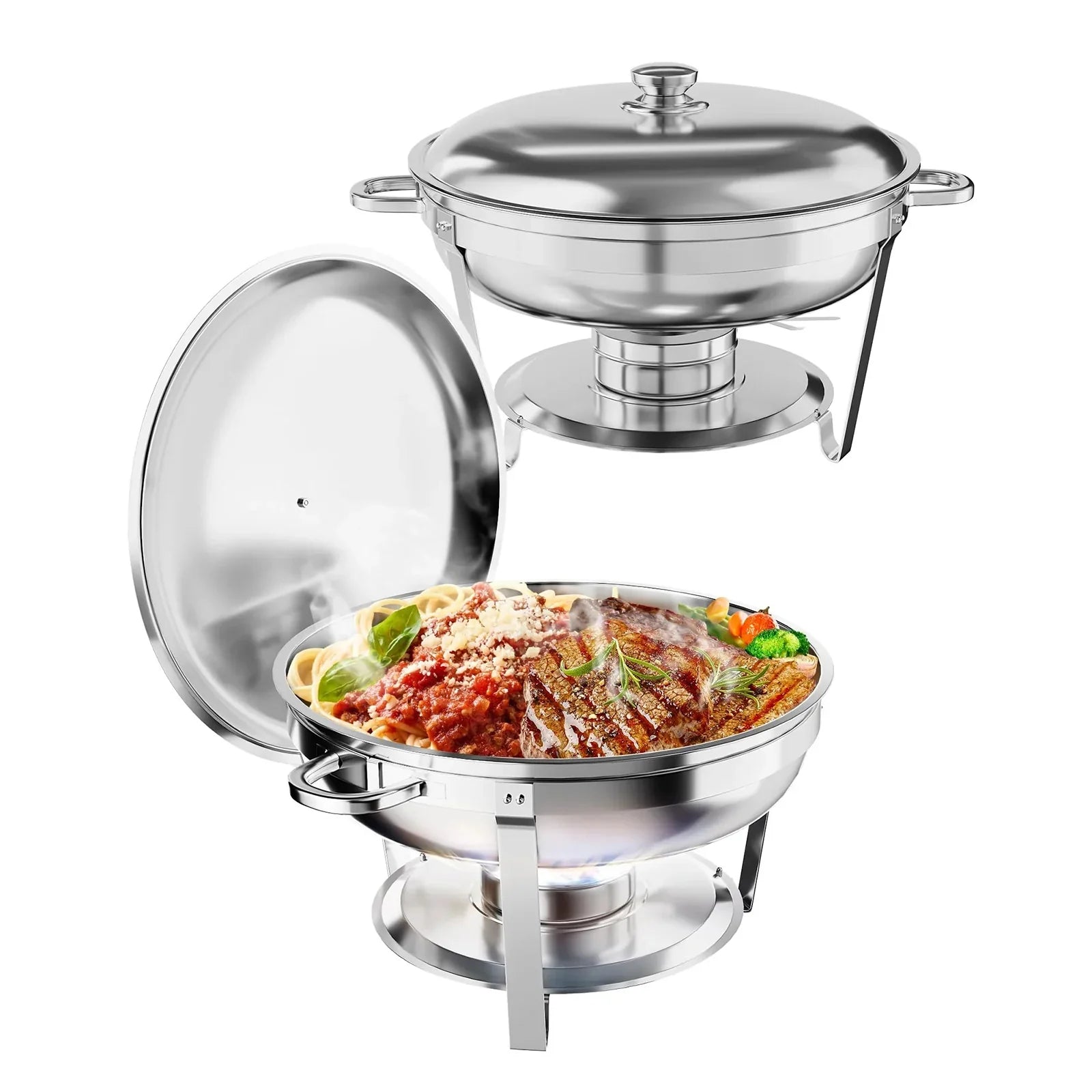 Garvee 4.7L Chafing Dish Buffet Set of 2 Pack, Round Stainless Steel Food Warmers Buffet Servers Sets, Chafer with Food & Water Pan, Lid, Frame, Fuel Holder for Catering and Parties