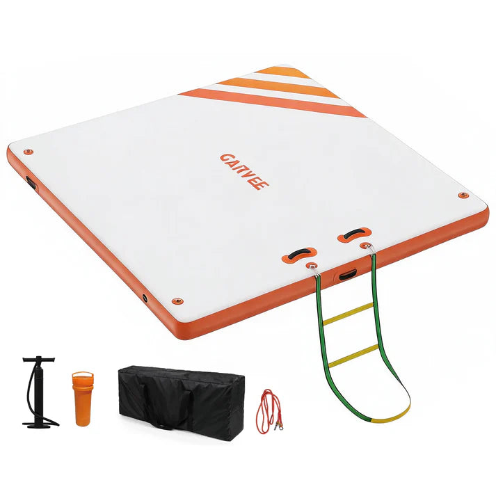 Garvee Orange 300 x 300 cm Inflatable Floating Dock Pontoon Swim Platform with Non Slip EVA Pad Electric Air Pump and Rope Ladder for Lake Pool and Beach
