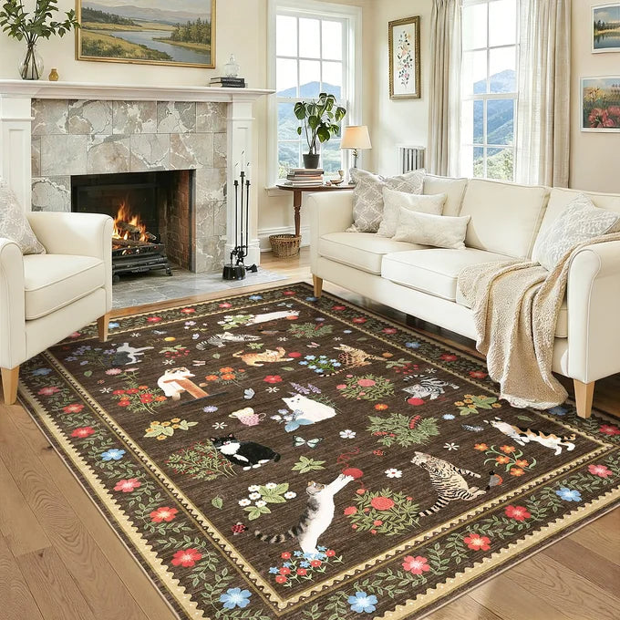 GARVEE Washable Area Rug 160x230cm Non-Slip Cat Floral Pattern Soft Pearl Velvet Carpet Low Pile Stain-Resistant Mat Living Room Bedroom