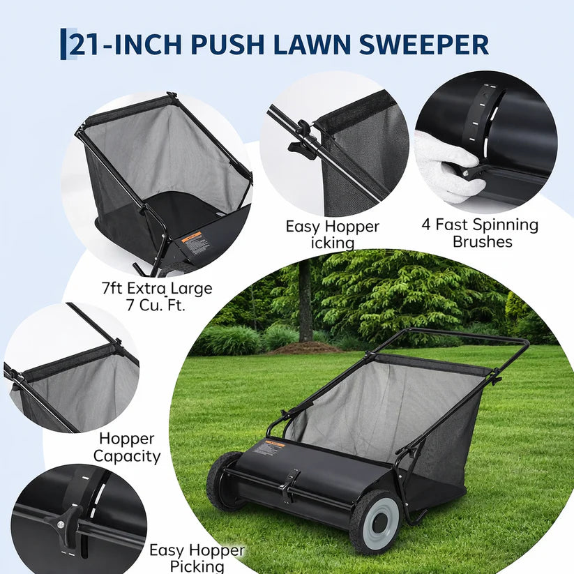 Garvee Push Lawn Sweeper 21-Inch Width Enhanced 4-Brush System Heavy Duty Steel Frame Black for Yard and Garden Cleanup
