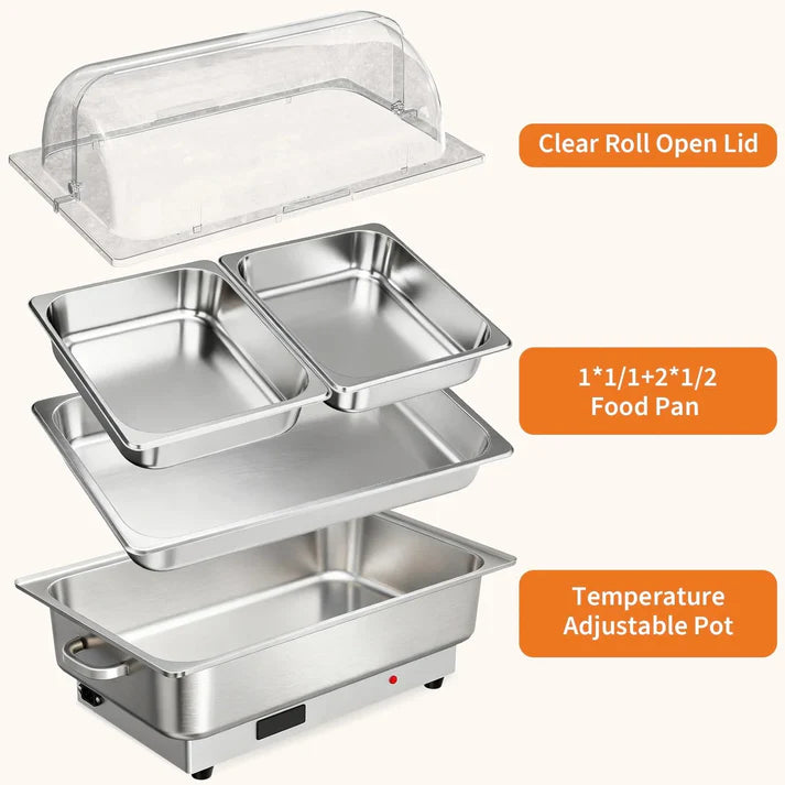 Garvee Electric Chafing Dish Buffet Server Set 9QT Capacity 600W with Roll Top Transparent Lid Adjustable Temperature Control 86 F to 200 F One Full Size and Two Half Size Food Pans for Commercial Catering,Parties and Events