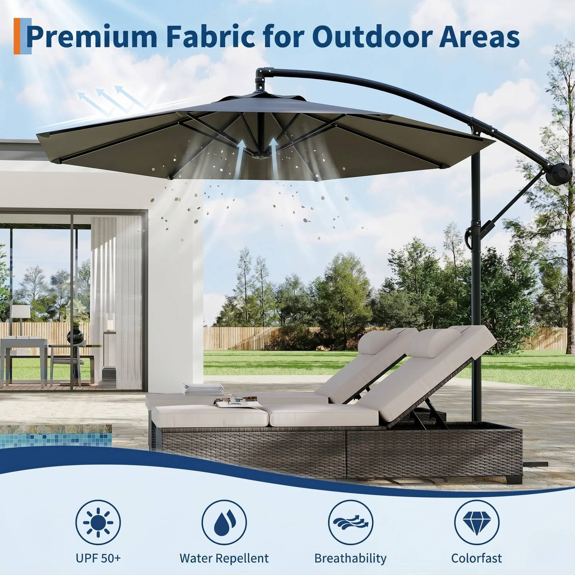 Garvee Diameter 300 cm Grey Aluminium 360 Degree Rotating Cantilever Parasol with Crank Adjustable Tilt Cross Base and UV50 Protection for Garden Patio