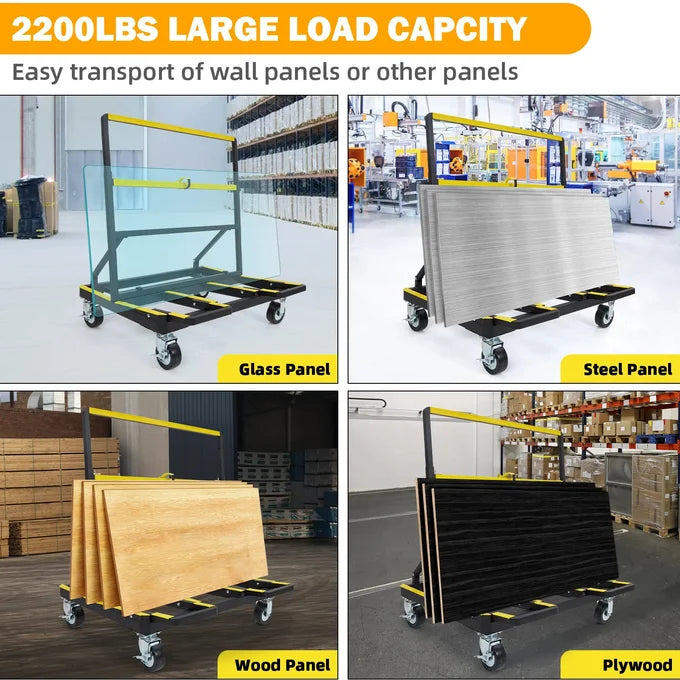 GARVEE Drywall Cart 1000kg Load Capacity Foldable Panel Trolley with Brakes Black & Yellow Sheetrock Plywood Ceramic Tile Dolly for Construction