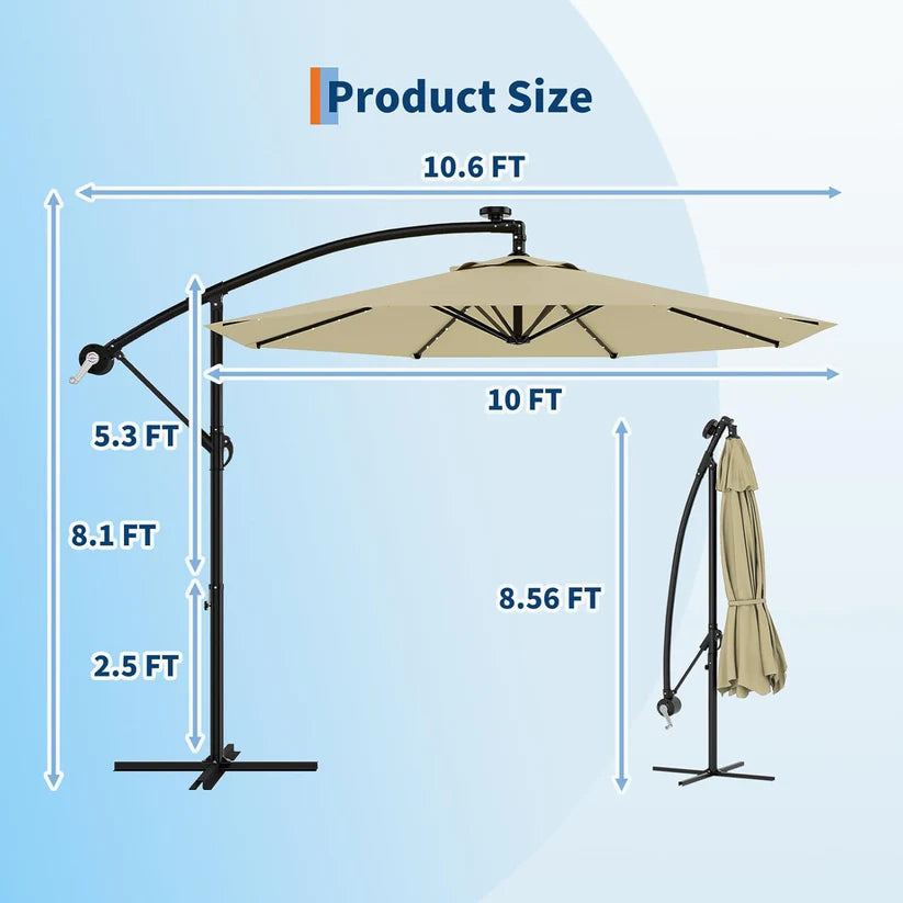 Garvee 300 cm Cantilever Garden Parasol with Base 40 Solar LED Lights UPF 50 Plus UV Protection Waterproof Canopy 8 Wind Resistant Ribs Crank Handle and Tilt Function for Patio Decking and Pool,Off White